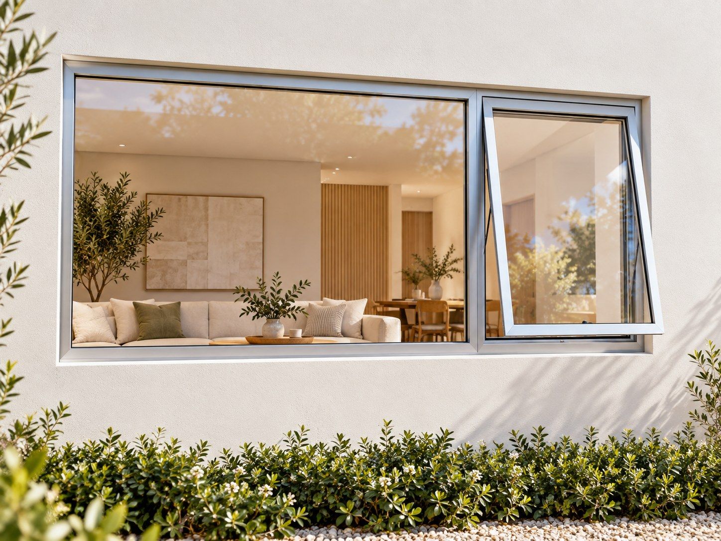 Kenzo Premium Top-Hung Aluminium Window - Silver, 2100 600 mm, Right Upper Opener with Fixed Side Pane, Clear Glass