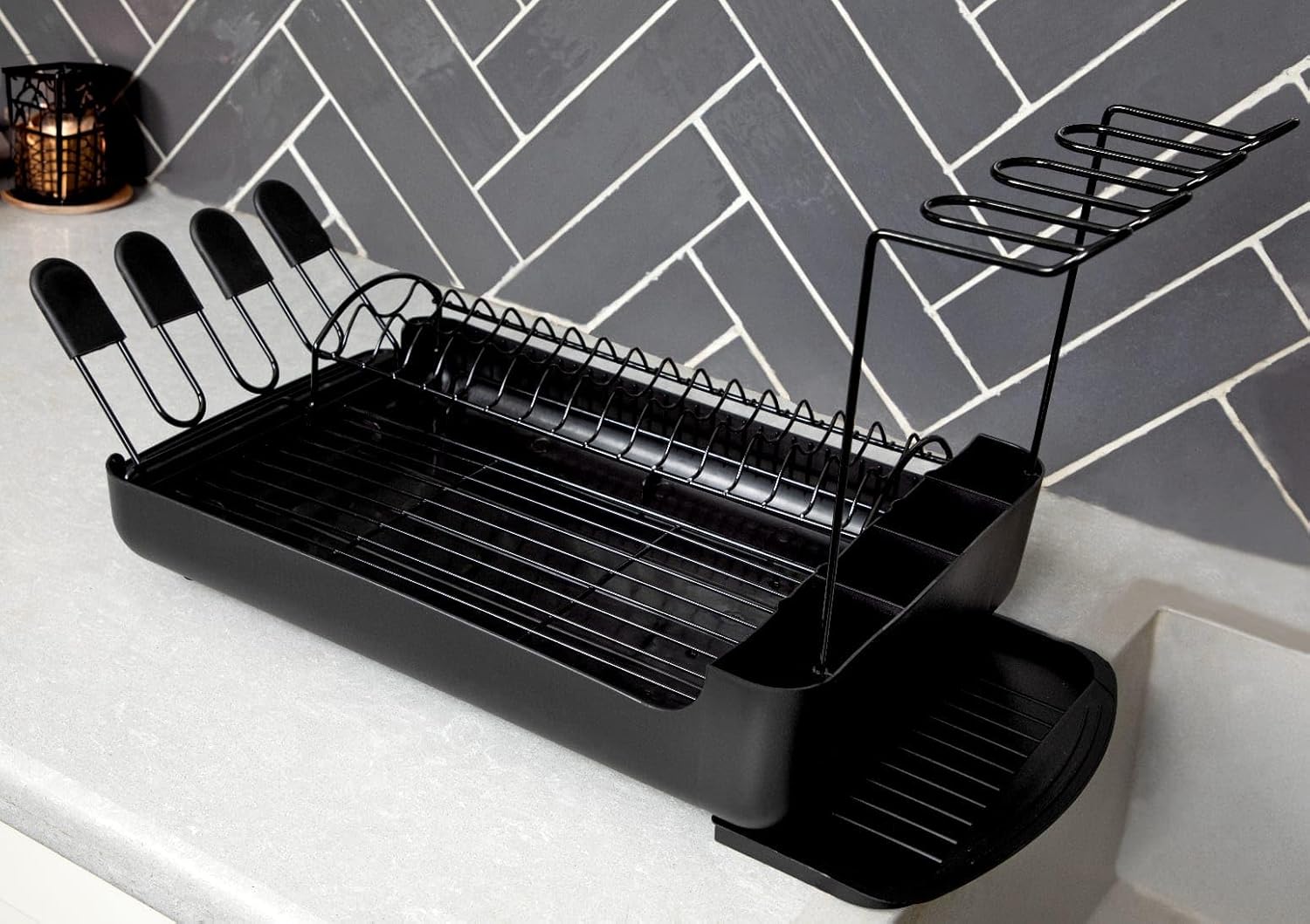 2-Tier Dish Rack with Pull-Out Drain Tray (black/white/gray)