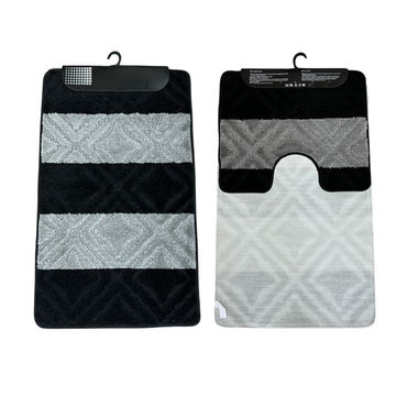 2-Piece Bathroom Mat Set – Soft Anti-Slip Bath Rug & Contour Toilet Mat – Absorbent, Machine Washable – Black & Grey Striped Design Bathroom Mat (Black, Grey, 60x100cm, Pack of 2)