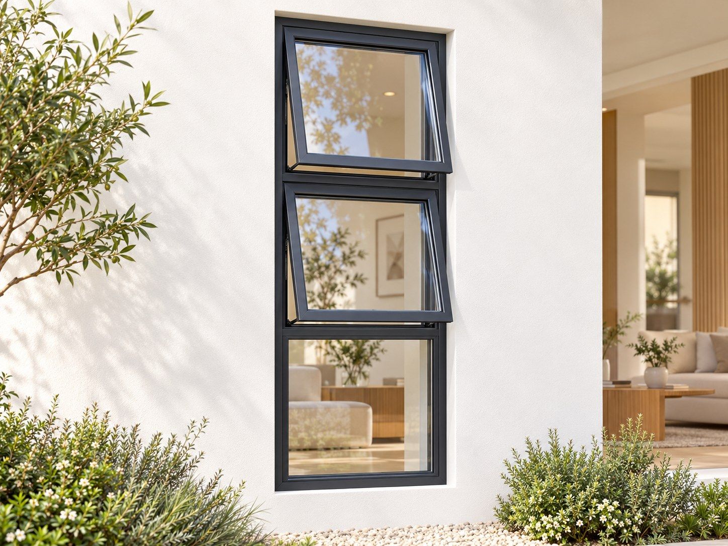 Kenzo Premium Top-Hung Aluminium Window - Charcoal, 600 1500 mm, Two Stacked Openers with Fixed Lower Pane, Clear Glass