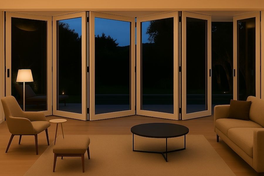 Kenzo - SFD6FG6RW - Aluminium Fold A-Side Door 3.6mx2.1m White 5 Doors Open Right, 1 Door Open Left Viewed From Outside