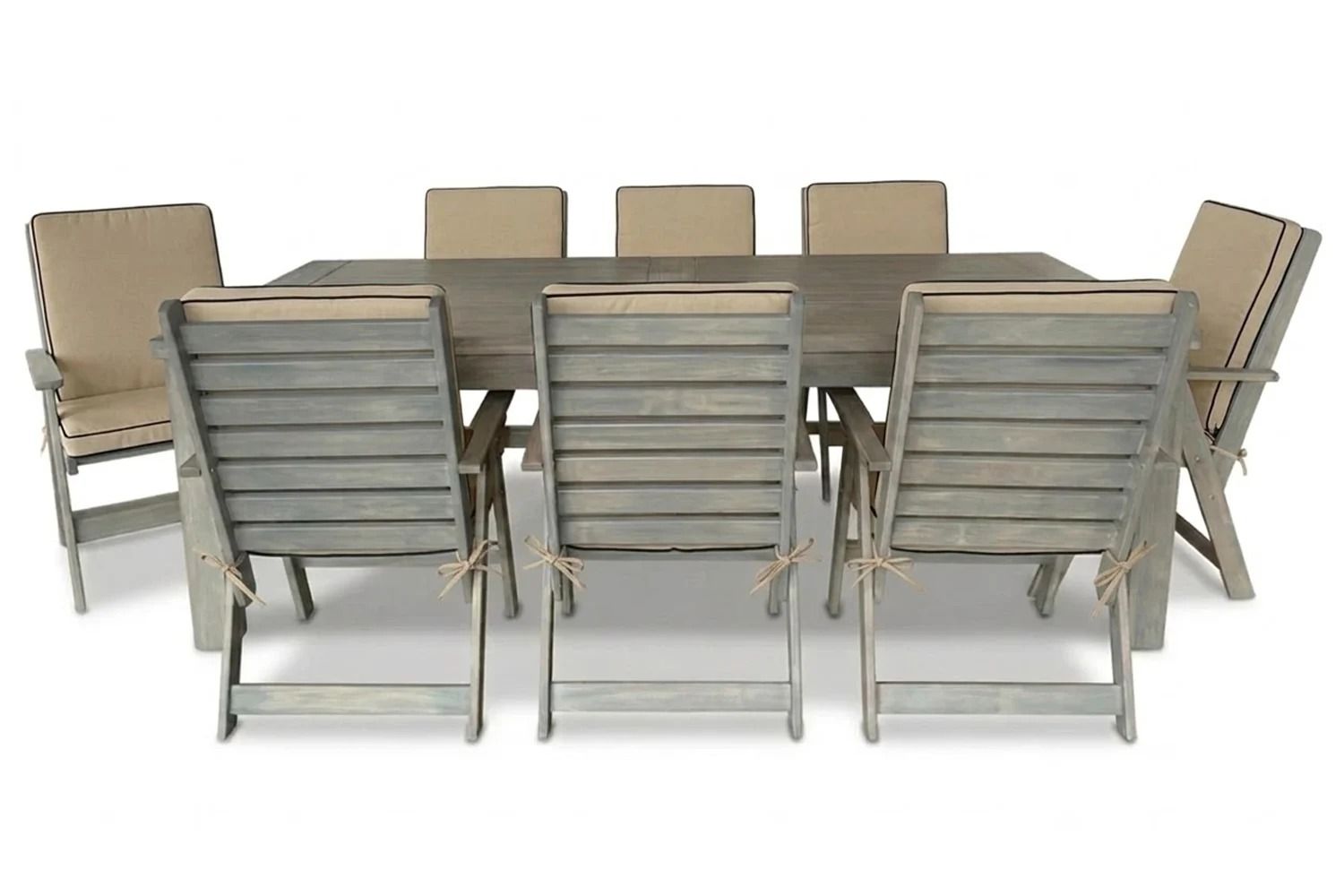 Aged Pine Patio Dining Set 8-Seater 2400mm x1 Table x8 Highback Chairs Beige Seat & Back Cushions (Undercover only)