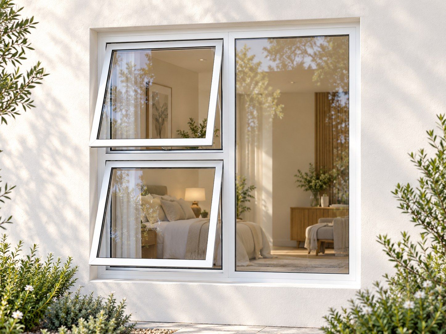 Kenzo Premium Top-Hung Aluminium Window - White, 1200 1200 mm, Left Two Openers with Fixed Side Pane, Clear Glass