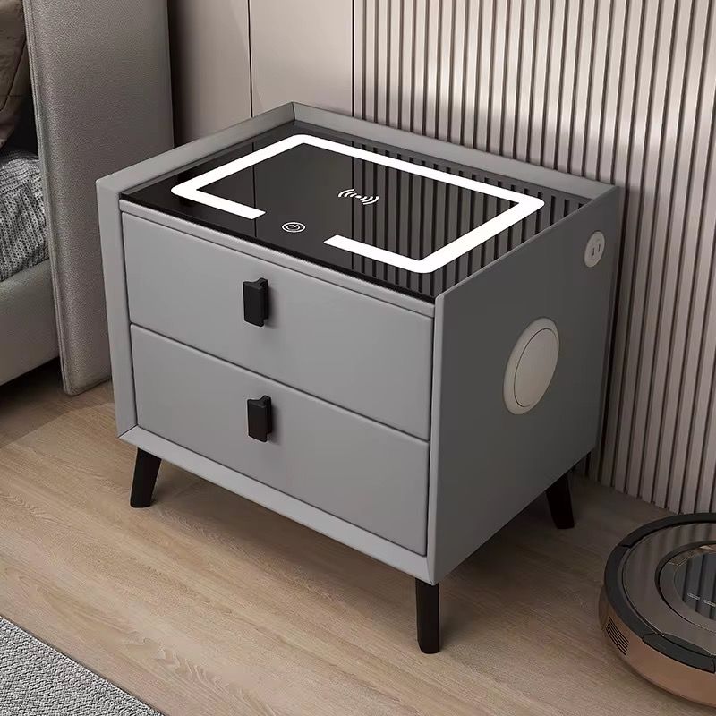 Smart Bedside Table with Wireless Charging Station, Speaker, Fingerprint Lock, and Drawer, Modern Bedside Table in Bedroom