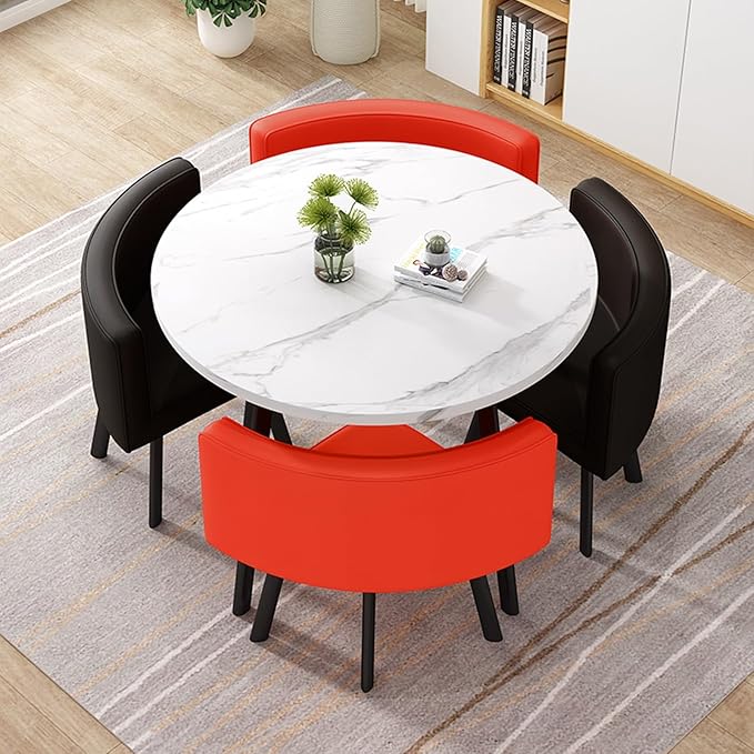 Modern Nordic Round Dining Table Set – 5pc Wooden Marble Look MDF Table with 4 PU Leather Chairs