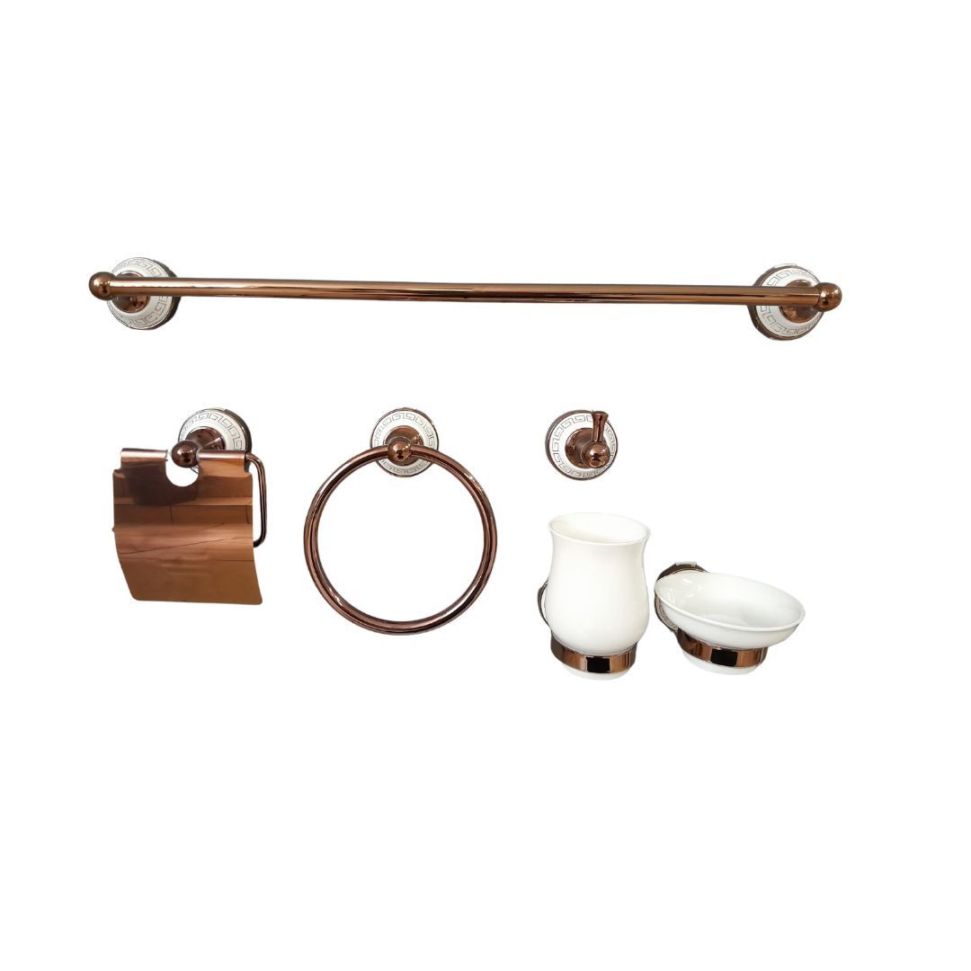 BATHROOM ACCESSORIES 6PC SET - ANTIQUE ROSE GOLD & WHITE