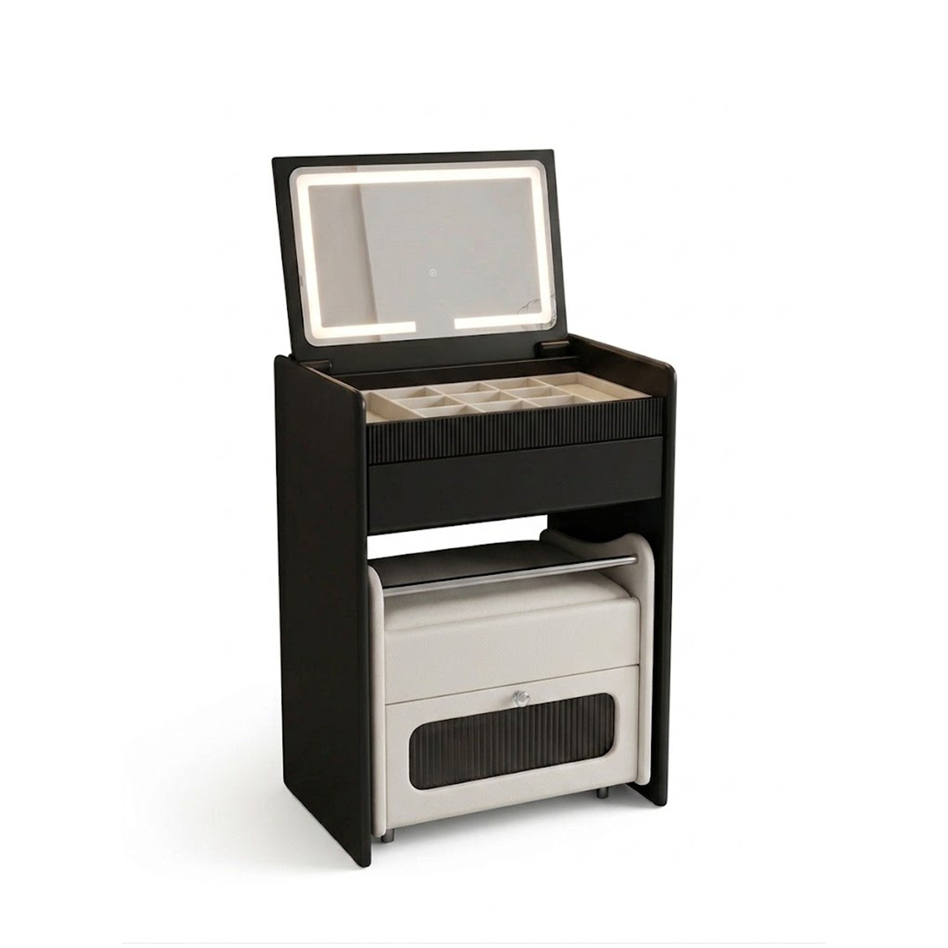 Madiega Furniture - Modern Matte Carbon Black Vanity Table Set with Flip-Top LED Mirror & Ottoman Stool