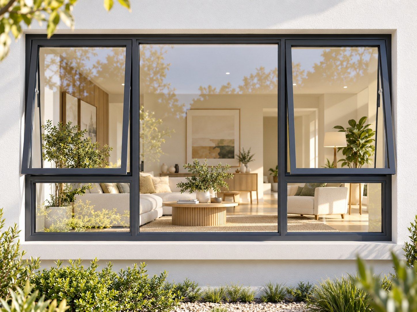 Kenzo Premium Top-Hung Aluminium Window - Charcoal, 2400 900 mm, Two Outer Openers with Fixed Centre and Lower Panes, Clear Glass