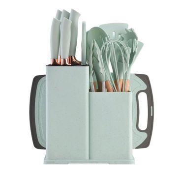 19 Piece Silicone Kitchen Set with Knives, Cutting Board and Storage Rack - Light Green