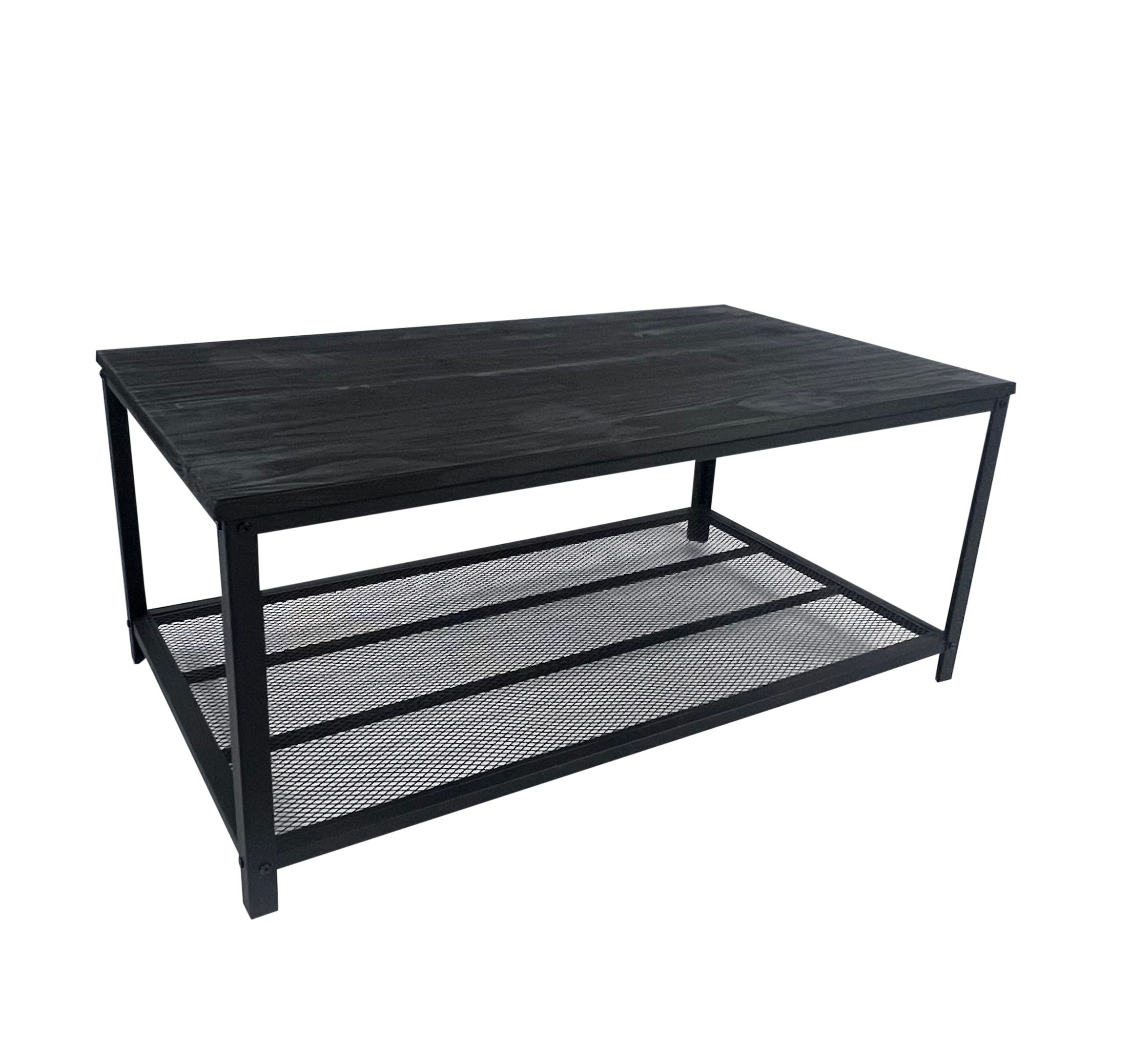 Stockholm Nightfall Solid Wood and Steel Coffee Table with Storage Shelf – Industrial Living Room Table