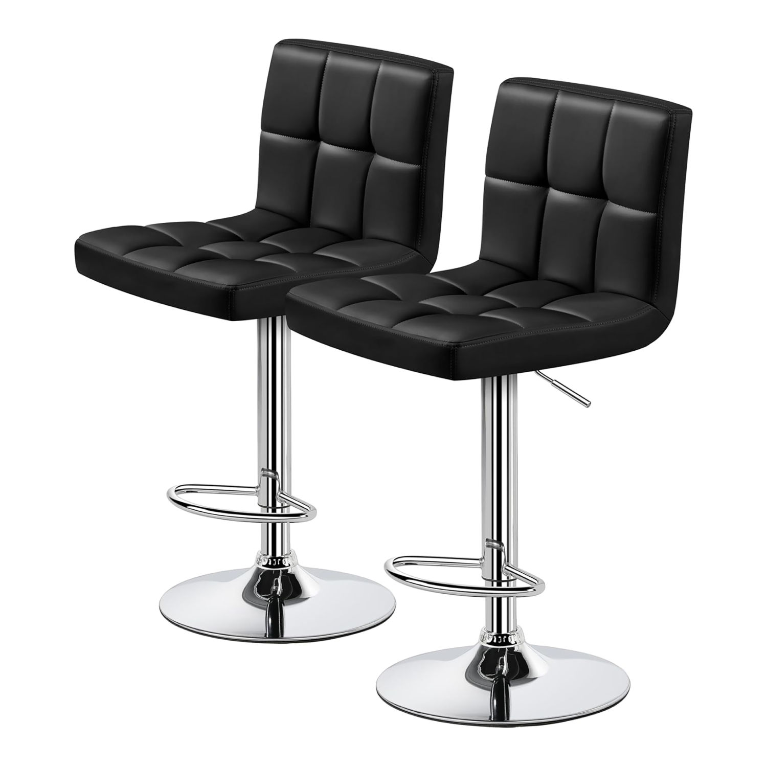 Set of 2 Adjustable PU Leather Swivel Bar Stools with Backrest - Black