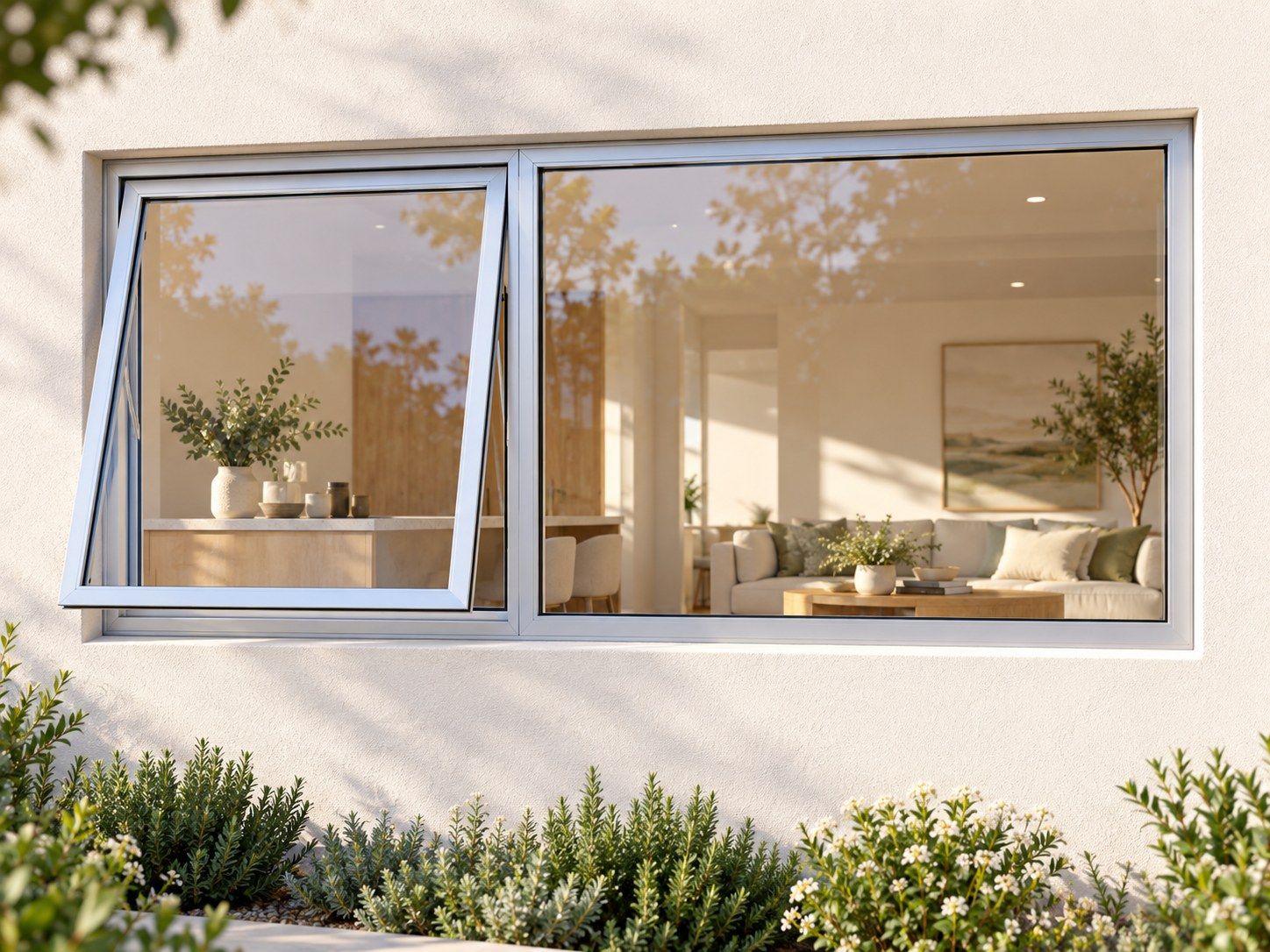 Kenzo Premium Top-Hung Aluminium Window - Silver, 1500 600 mm, Left Upper Opener with Fixed Side Pane, Clear Glass