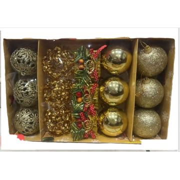 Christmas Tree Ornaments Set, 15 Pieces, Gold Glitter Baubles with Pine and Berry Decorations-Gold