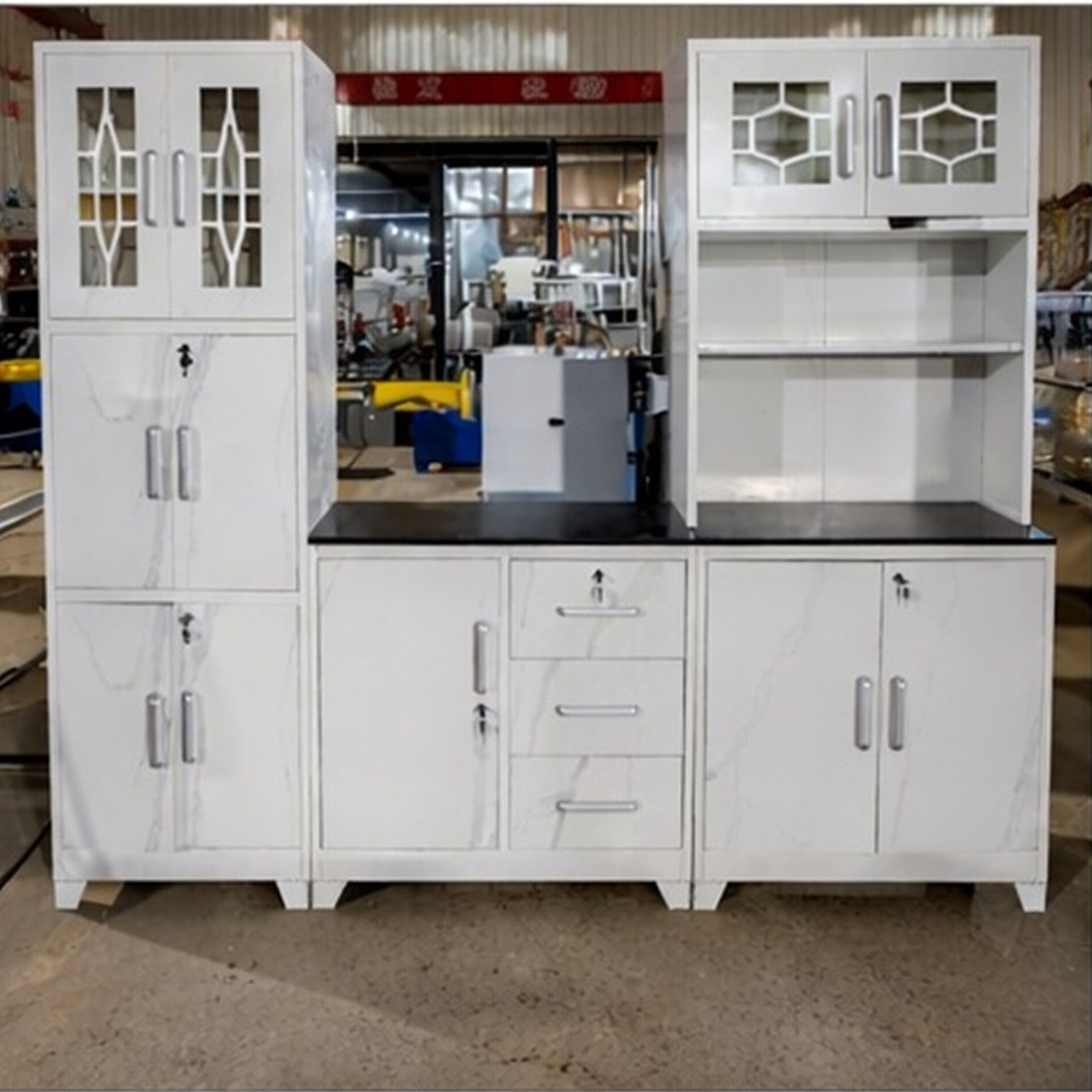 Madiega Furniture - 3-Piece White Marble Steel Kitchen Pantry Unit with Locks