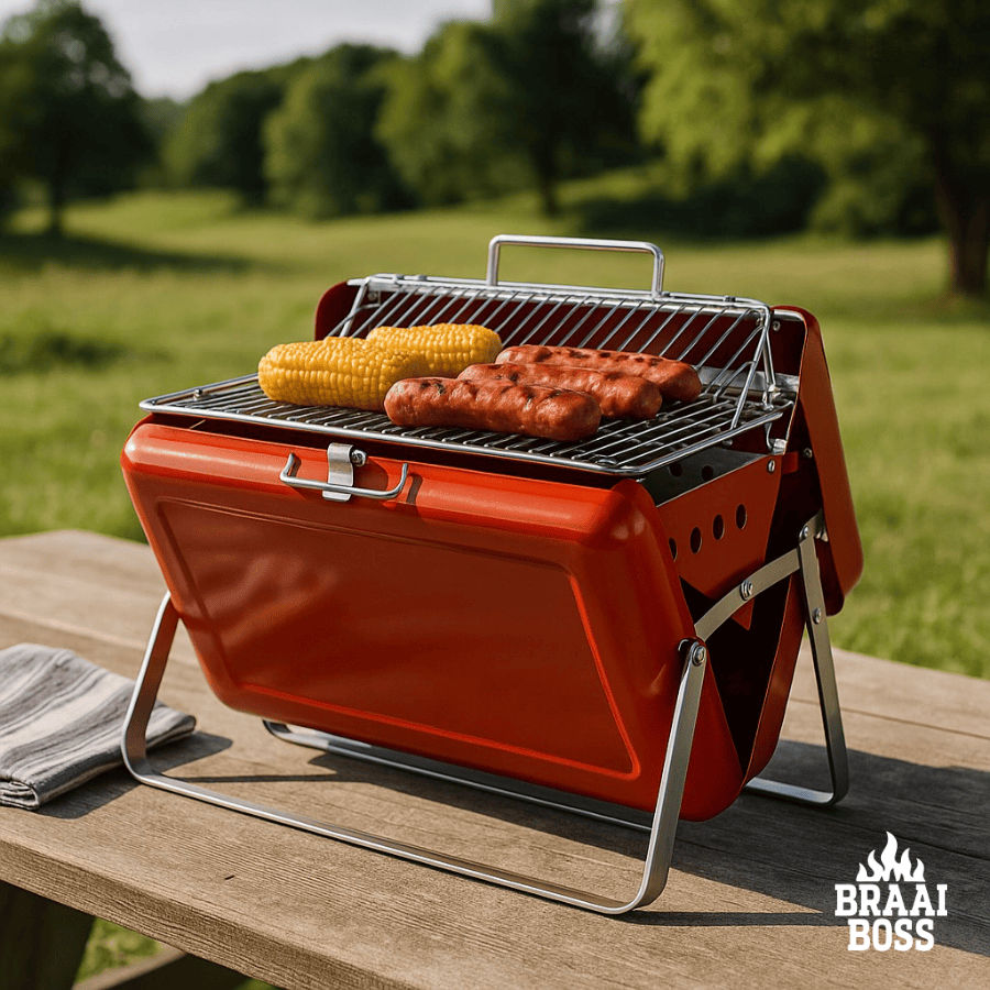 BraaiBoss – BoerieBox Portable Briefcase Charcoal Braai – Compact Tabletop Grill for Boerewors & Chops