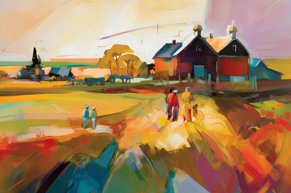 Canvas Wall Art - Abstract Painting Farmhouse Stands Proud - A1512 - [120 x 80 cm]