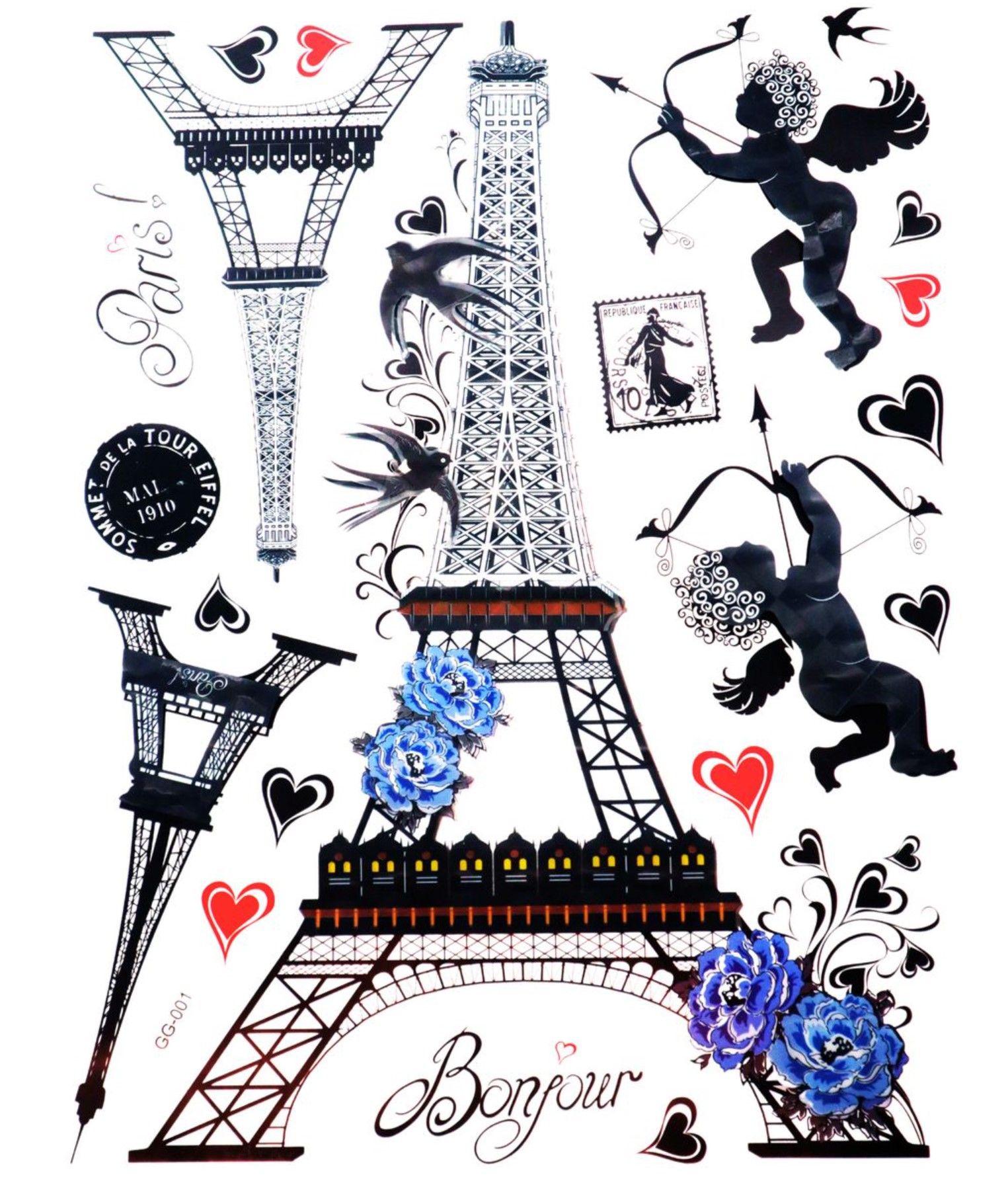 5D Wall Art Cupids Eiffel Tower Carriage Sticker Sheet