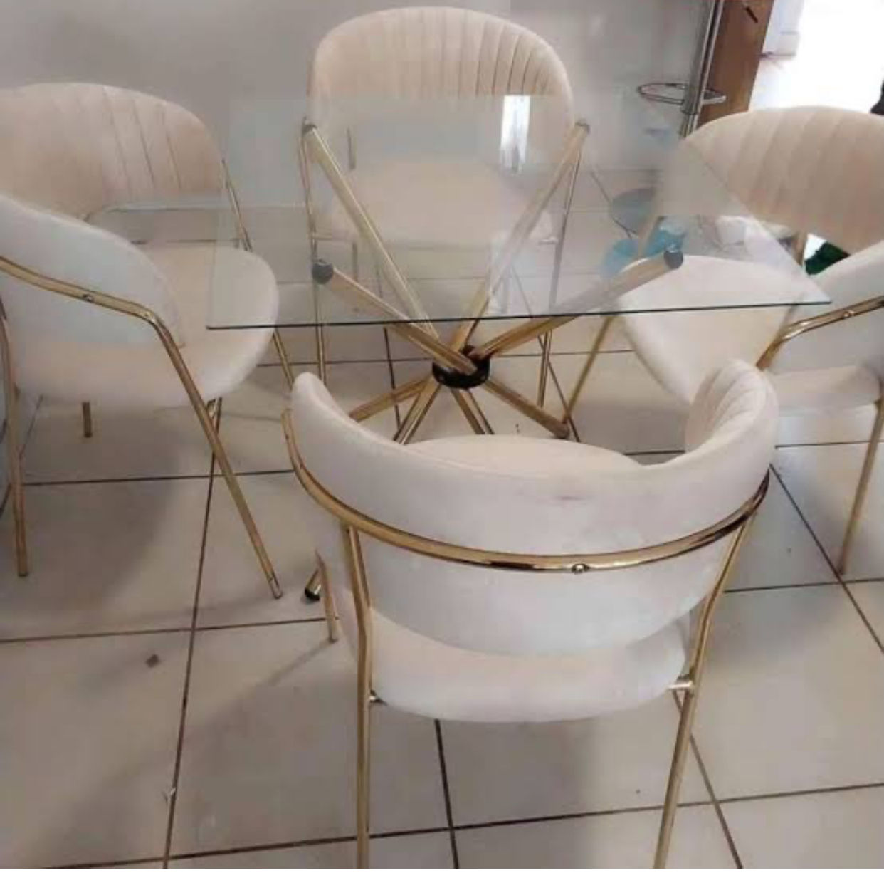 EFURN- JY 4 seater Dining Set with Square Glass Table (Cream)
