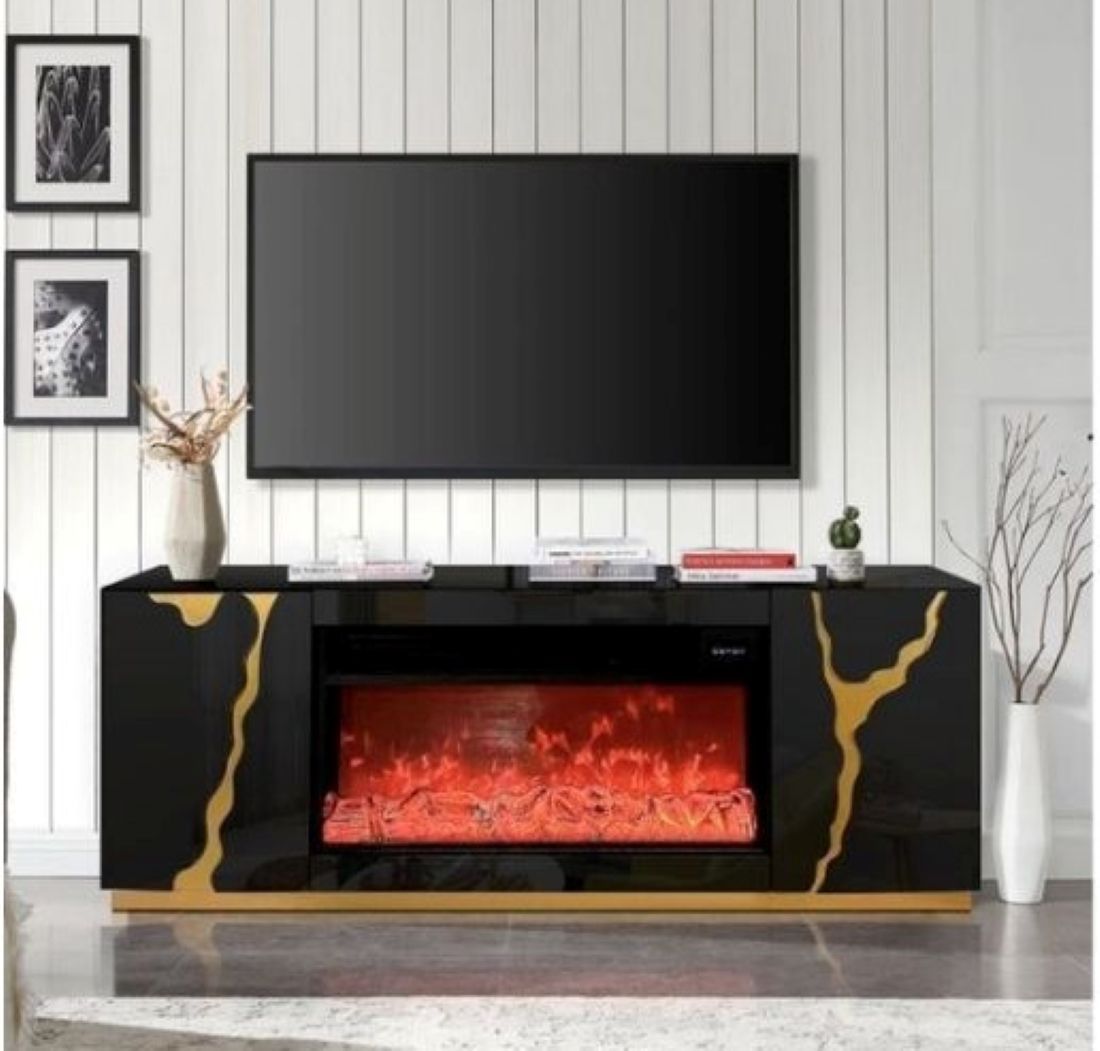 Striped Blacked Electric Fireplace TV Stand