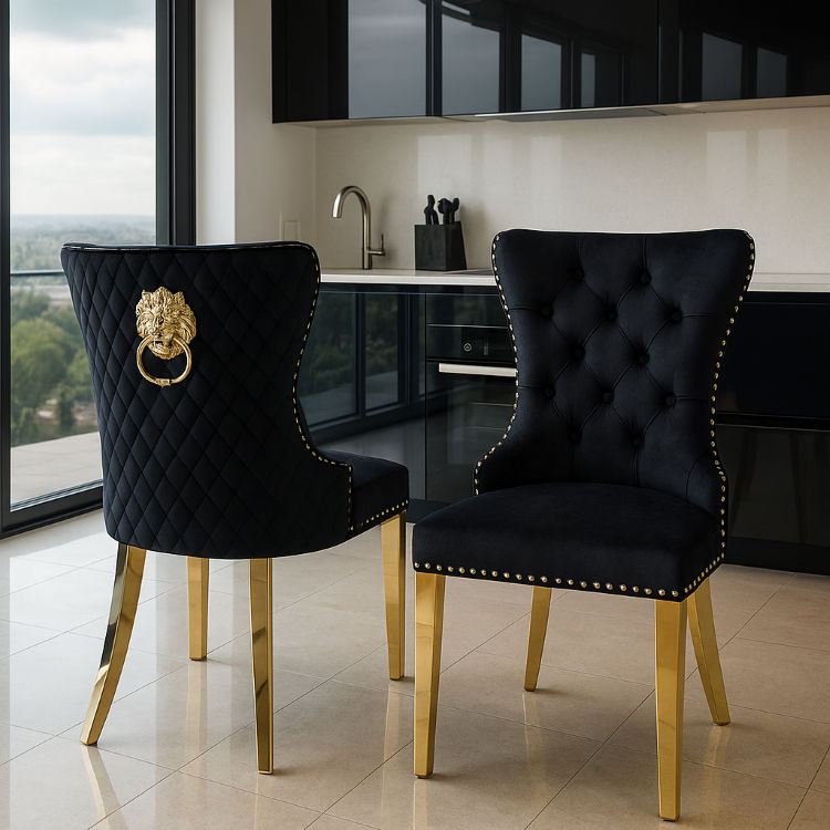 KC FURN Haven Velvet Upholstery Black Dining Chair(gold legs)Set of 2