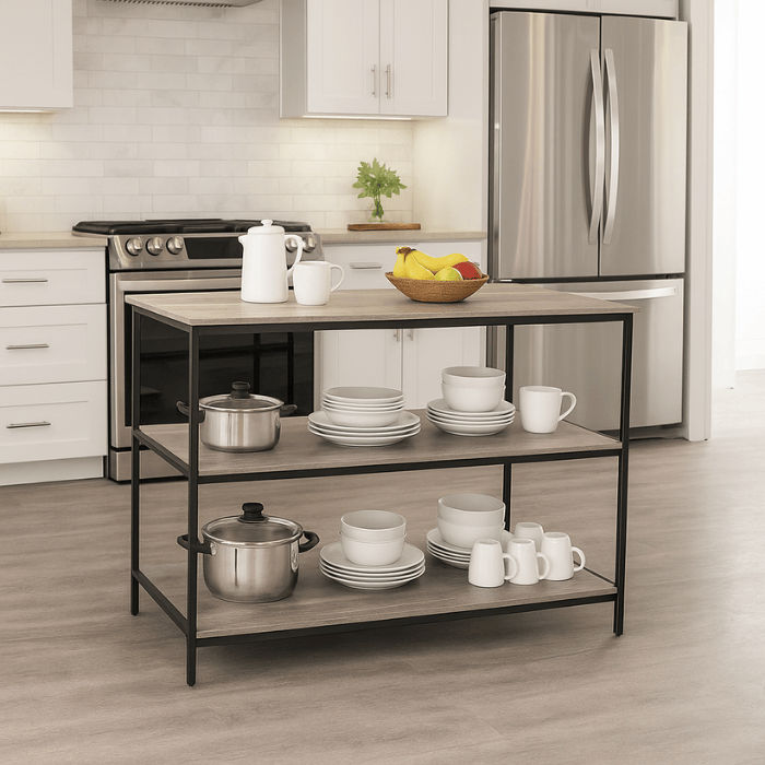 Forge Industrial Kitchen Island – Stonewood Finish, 2 Shelves,  Adjustable Feet & Lockable Wheels