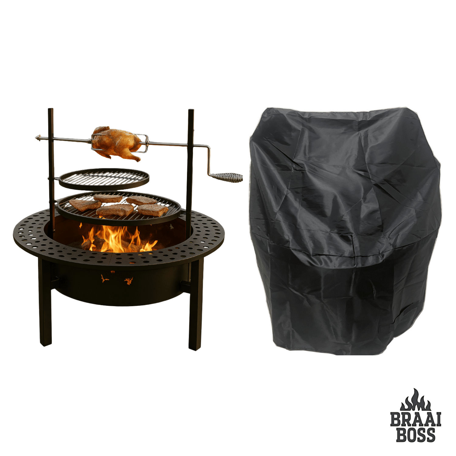 BraaiBoss – 60cm Mega Wood & Charcoal Fire Pit with Warming Grid & Rotisserie Braai with Protective Cover