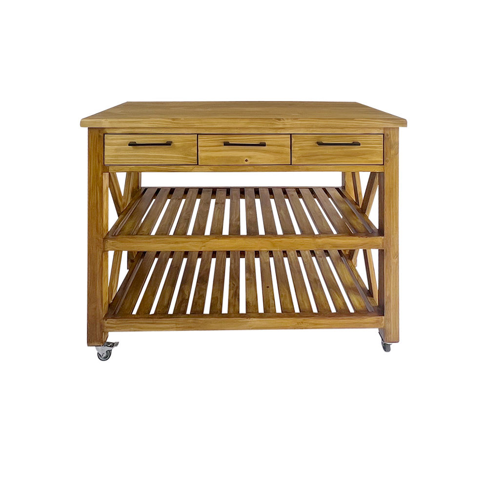Kimberly Solid Wood Kitchen Island with Sage Green Finish, Drawers & Shelves / Wooden Kitchen Trolley