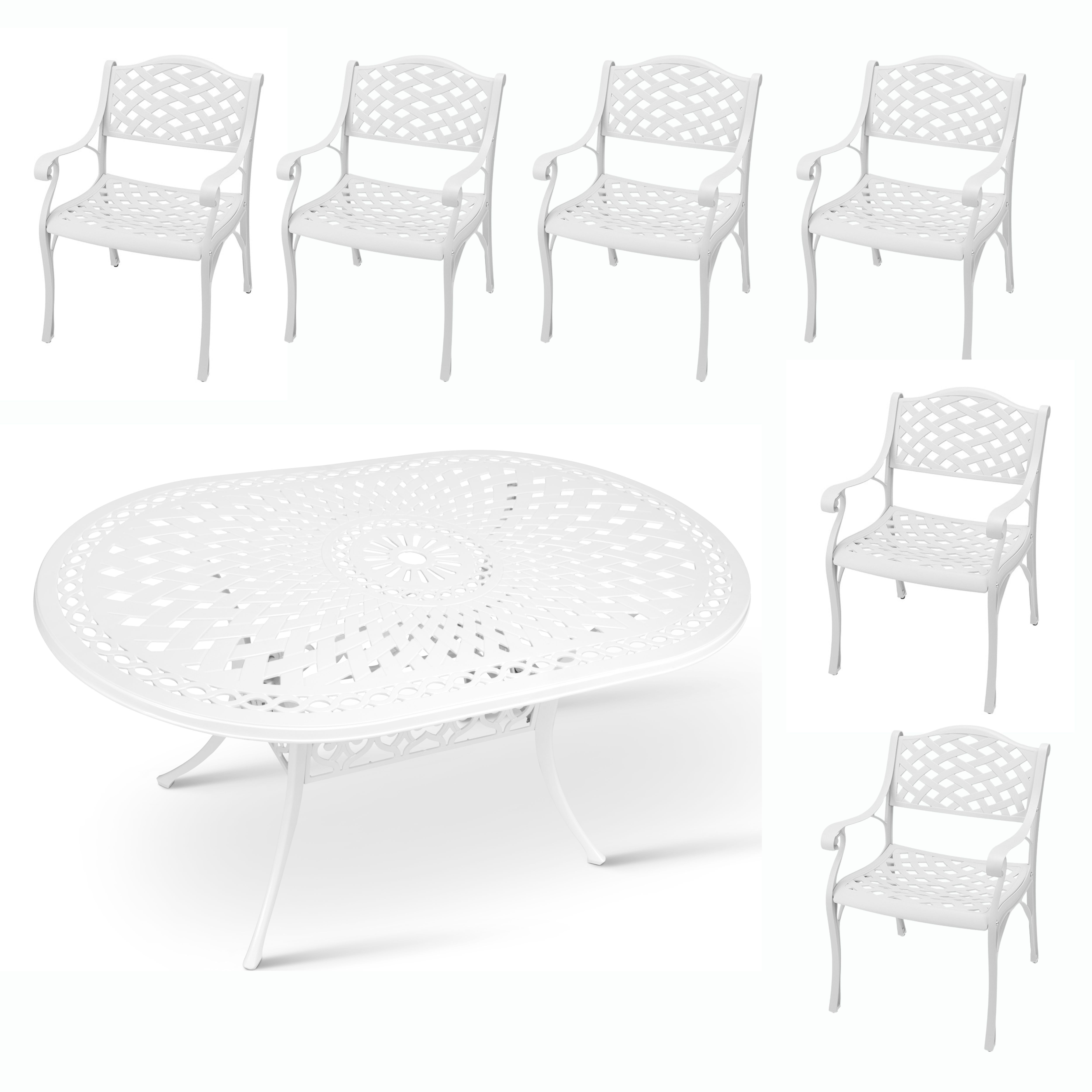 6 Seater - Lattice Aluminium Patio Set / Garden Furniture / Outdoor Dining Set    (6 Lattice Chairs with 150cm x 96cm Oval Lattice Table) - WHITE