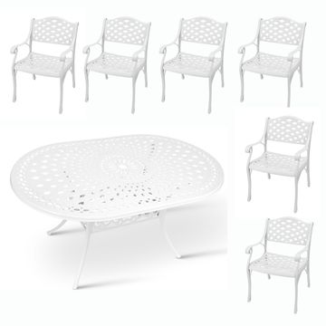 6 Seater - Lattice Aluminium Patio Set / Garden Furniture / Outdoor Dining Set    (6 Lattice Chairs with 150cm x 96cm Oval Lattice Table) - WHITE
