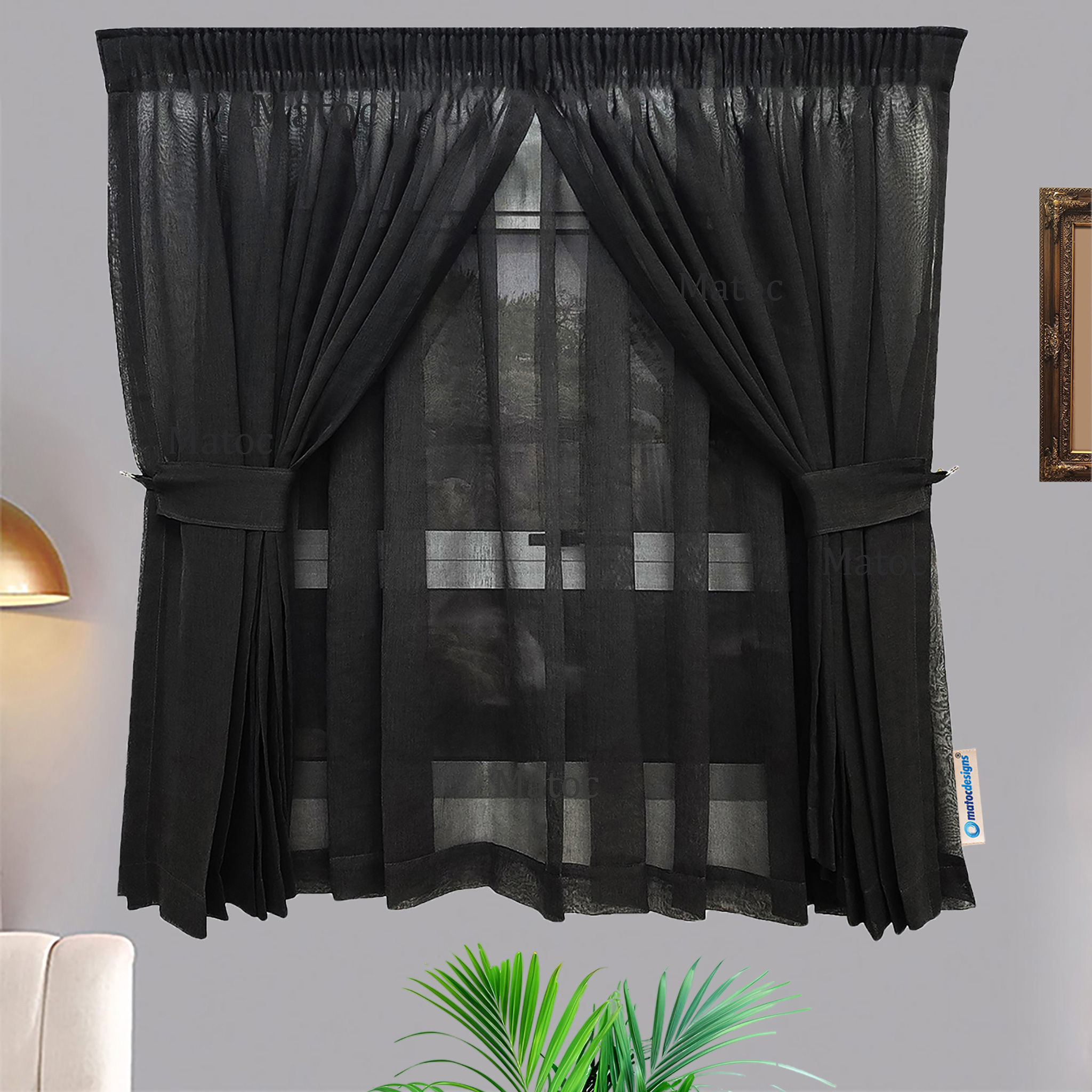 Matoc Designs Curtain - Café Double Layer - Mystic Voile - Black - Taped - 250cm W x 120cm H