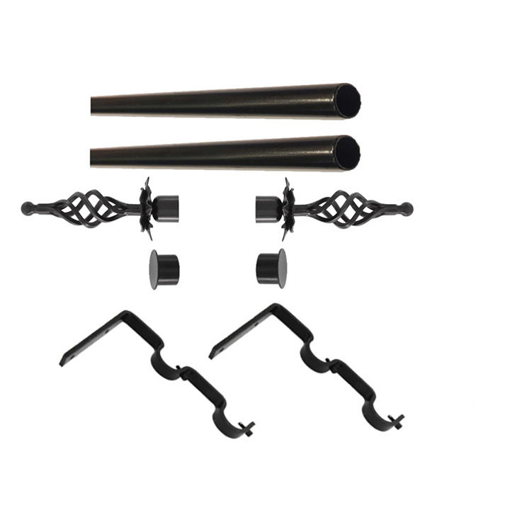 Matoc 32mm Curtain Double Metal Pole Set -Extend Brkts -Flower Based Basket Finials - Black -1.0m