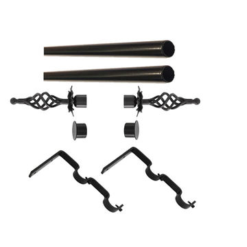 Matoc 32mm Curtain Double Metal Pole Set -Extend Brkts -Flower Based Basket Finials - Black -1.0m