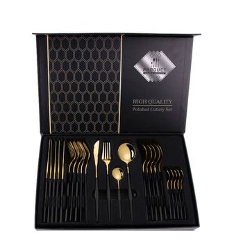 24 Piece Stainless Steel Cutlery Set - Black & Gold