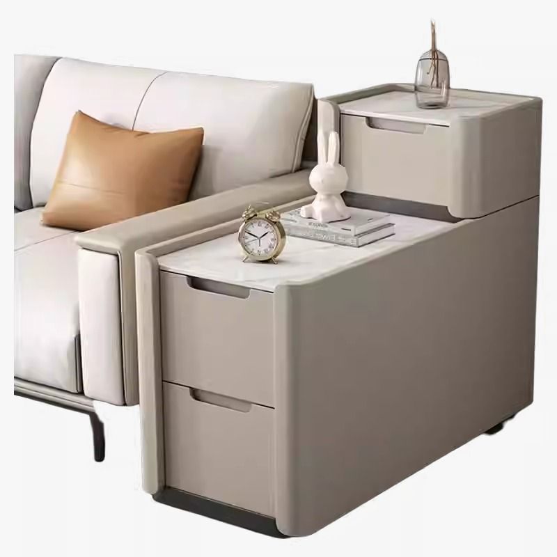 LBM FURN- Tall 3-Drawer Stone Top Wooden L-Shaped Sofa End Table-Cream