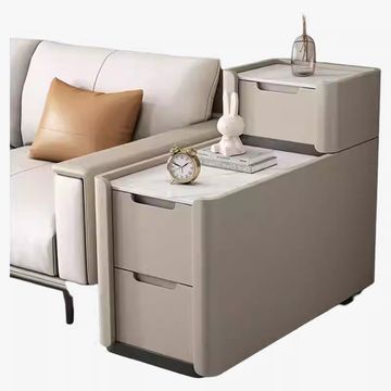 LBM FURN- Tall 3-Drawer Stone Top Wooden L-Shaped Sofa End Table-Cream