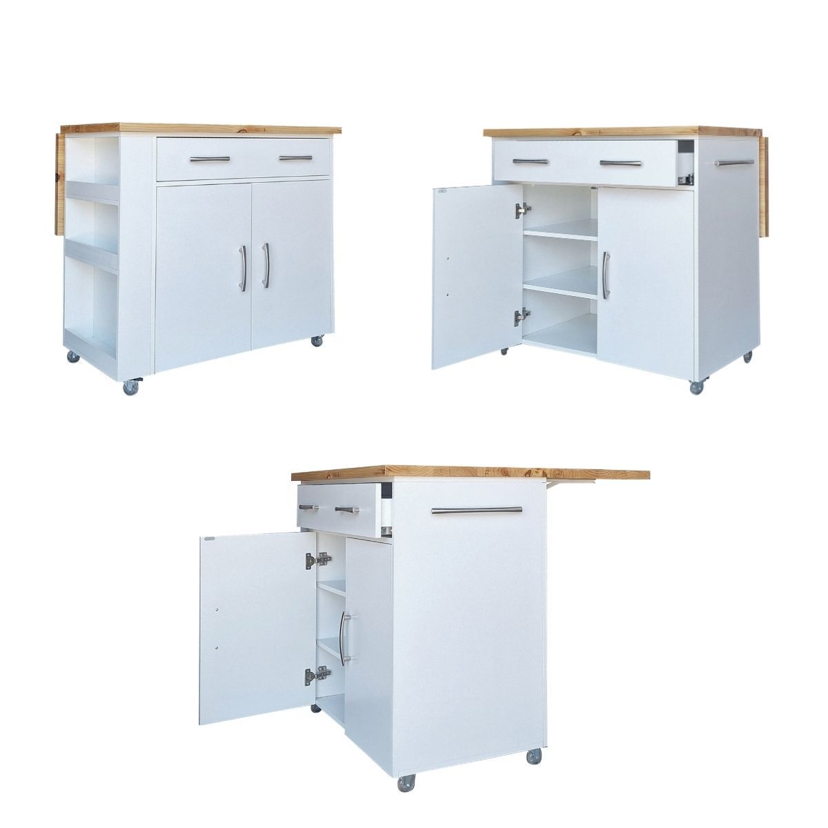 Kitchen Island on Wheels with Fold-Out Table - White/Pine (Natural)