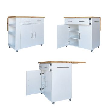 Kitchen Island on Wheels with Fold-Out Table - White/Pine (Natural)