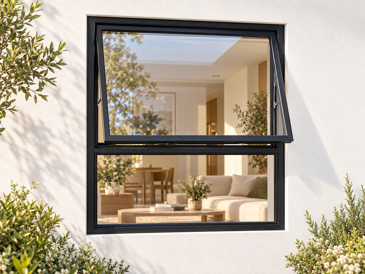 Kenzo Premium Top-Hung Aluminium Window - Black, 900 900 mm, Upper Opener with Fixed Lower Pane, Clear Glass