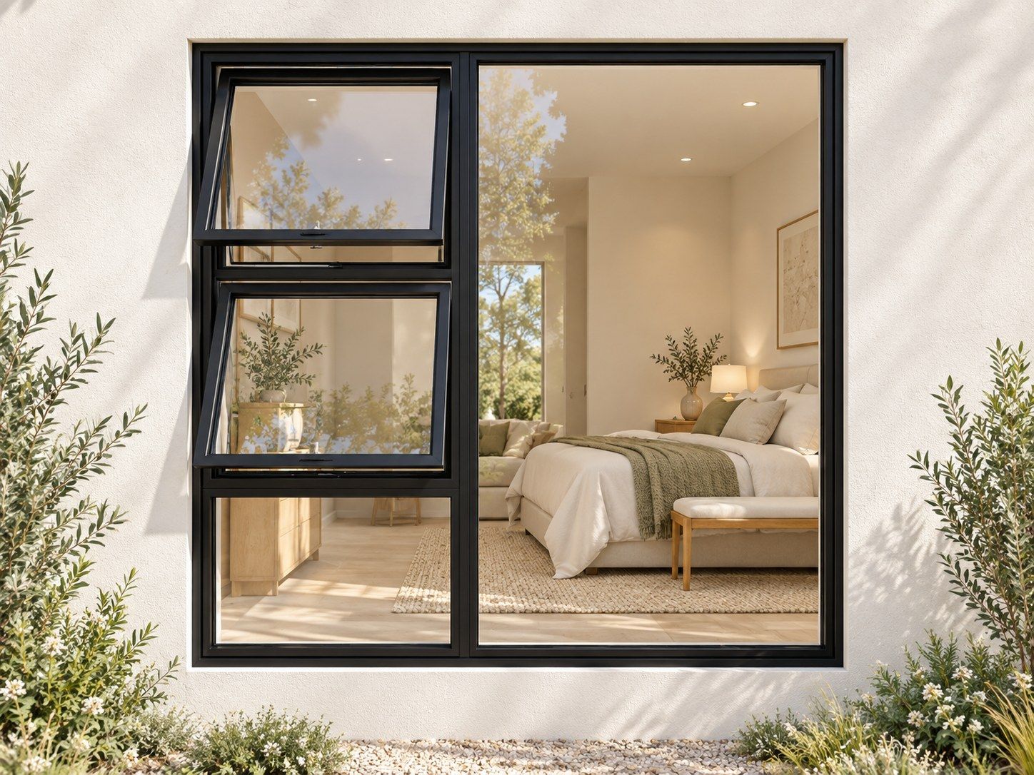 Kenzo Premium Top-Hung Aluminium Window - Black, 1500 1500 mm, Left Two Openers with Fixed Lower and Side Panes, Clear Glass