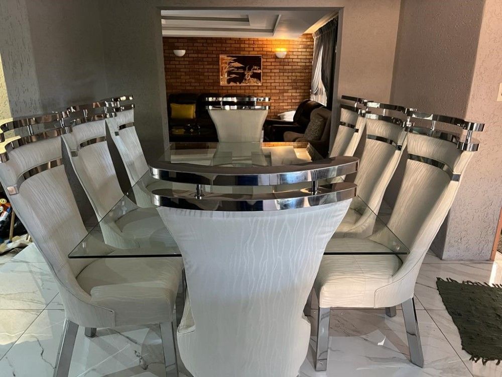 8 Seater Dining Glass Table with Steel Chairs