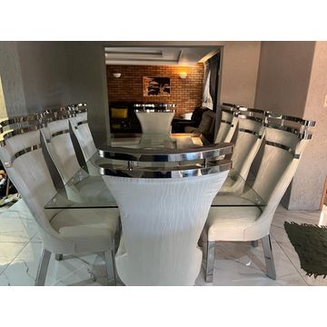 8 Seater Dining Glass Table with Steel Chairs