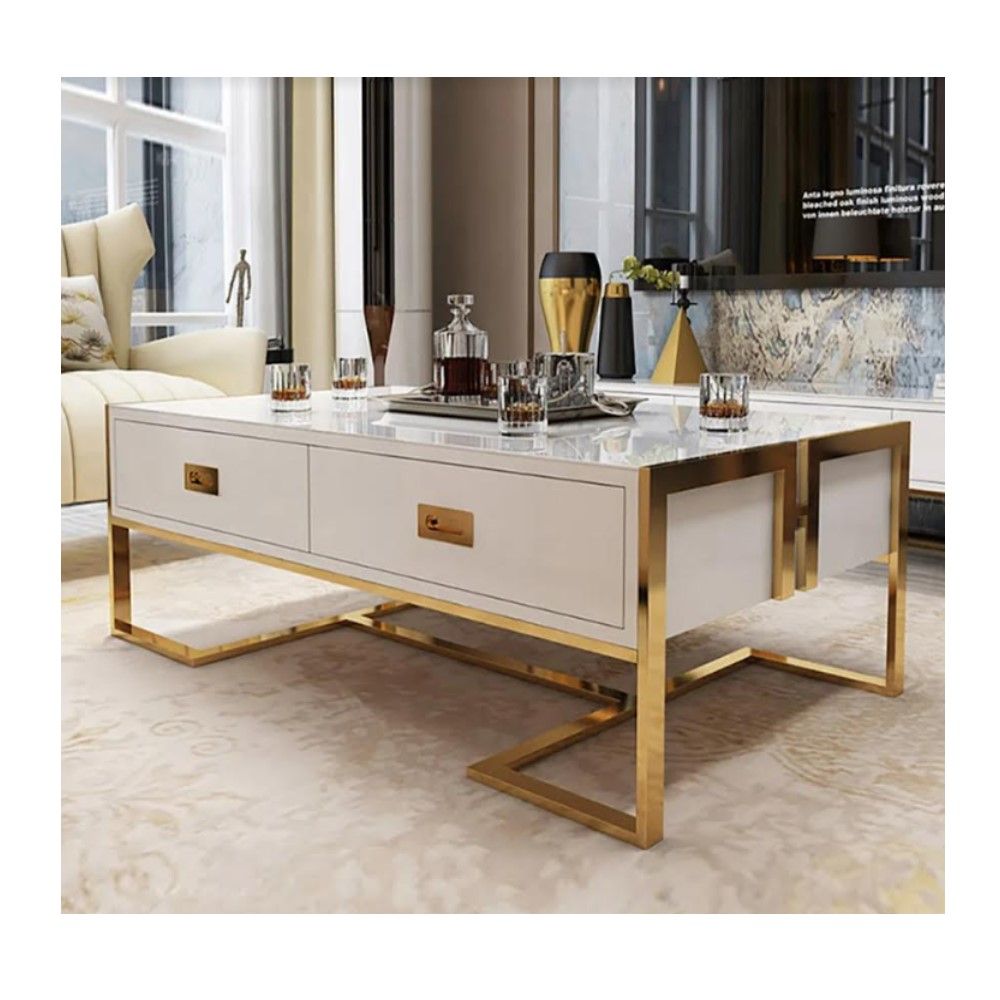 Jocise contemporary white rectangular storage coffee table with drawers lacquer deals gold base