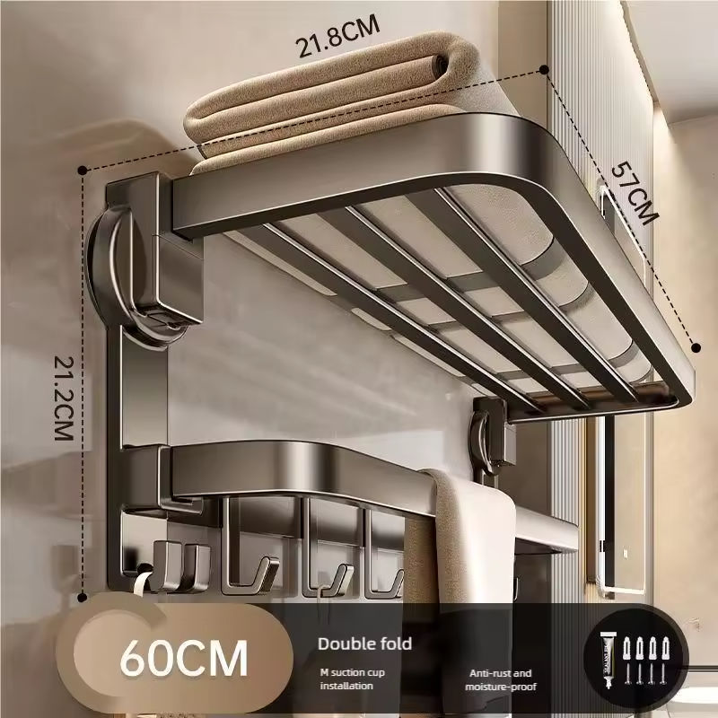 Bathroom Suction Cup Towel Rack Wall Mounted Multifunctional with Hook 60cm