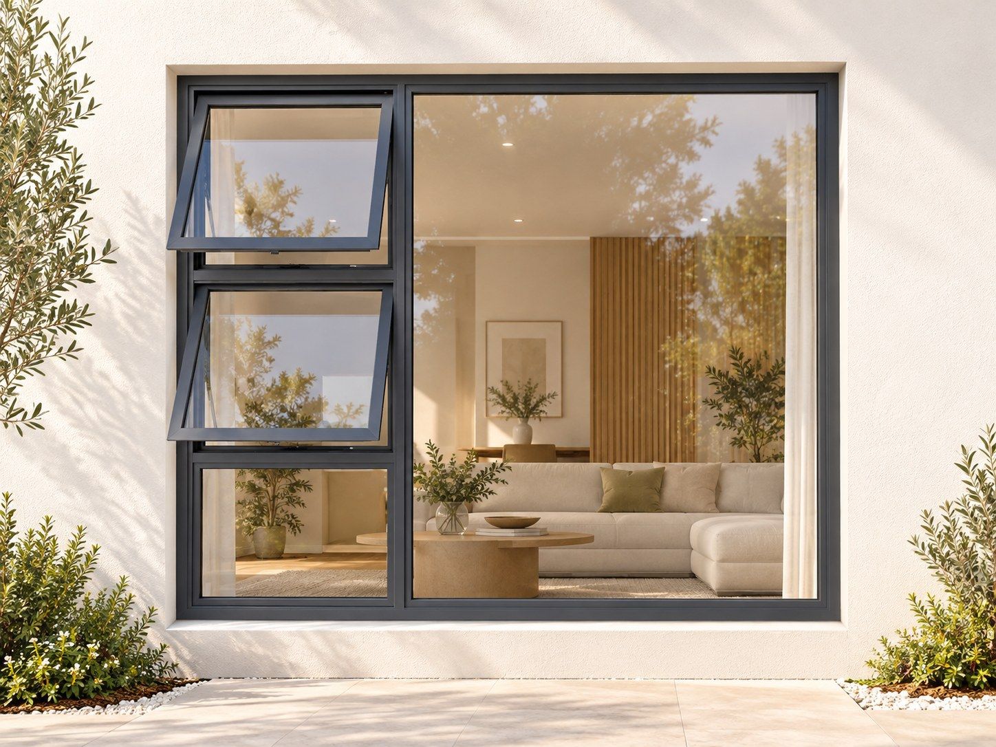 Kenzo Premium Top-Hung Aluminium Window - Charcoal, 1800 1500 mm, Left Two Openers with Fixed Lower and Side Panes, Clear Glass