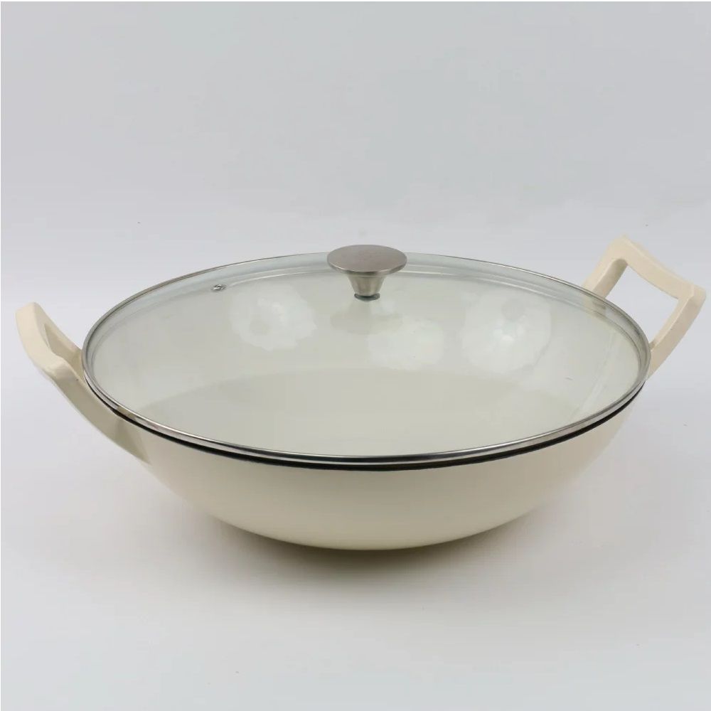 Cast Iron Pan with a Glass Lid 36CM - White