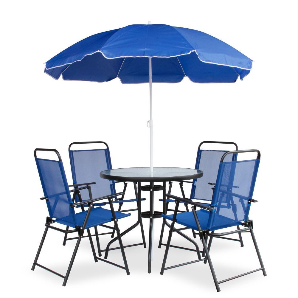 Hazlo 6 Piece Outdoor Folding Dining Round Glass Patio Table Chair Set with Umbrella - Blue