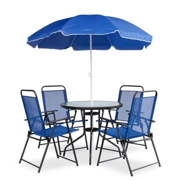 Hazlo 6 Piece Outdoor Folding Dining Round Glass Patio Table Chair Set with Umbrella - Blue