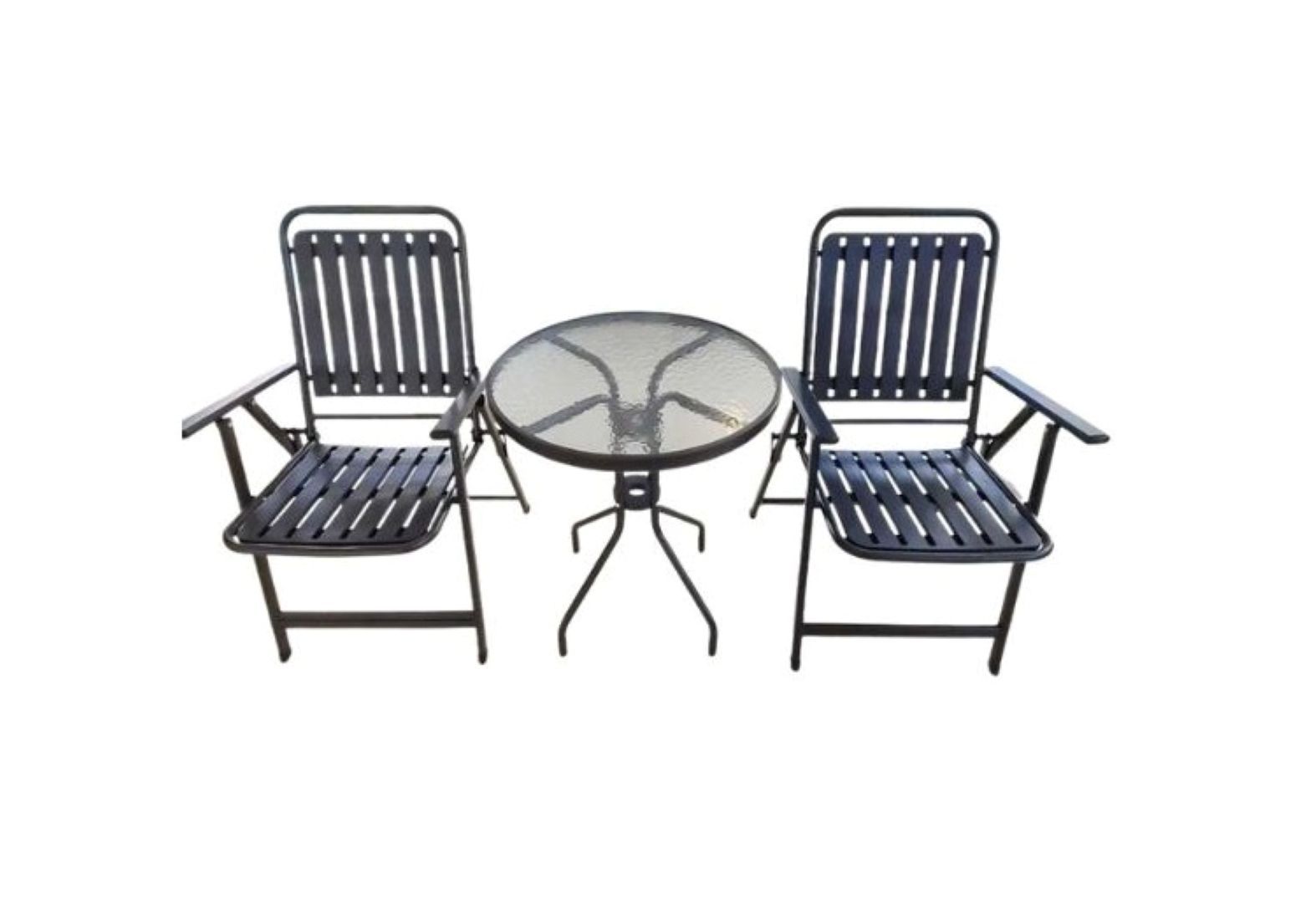 3-Piece Outdoor Bistro Set, Folding Chairs with Glass Table, Black Metal Garden Furniture