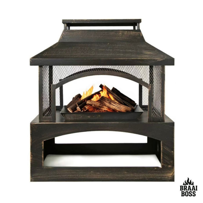 BraaiBoss – 82cm Outdoor Fire Place with Mesh Sides, Chimney & Wood Storage Shelf