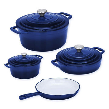 7 Piece Cast Iron Dutch Oven Cookware Pot & Stout Pan Set Blue